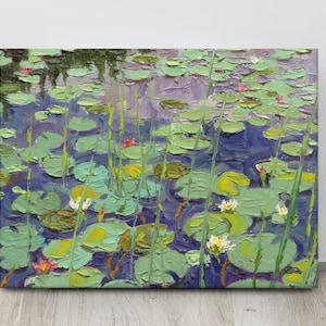 Seerosenblätter-Gemälde, Seerosenblätter und Schilfrohr, Seerosen-Gemälde, Wasserreflexionen, Lilienblumen, umlaufender Leinwanddruck, Seerosenteich