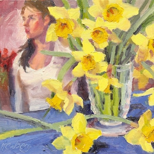 Daffodil Still Life Print of Original Oil Painting / Flower Still Life / Buttercups / Still Life Oil / Oil on Canvas Print / Flower in Glass