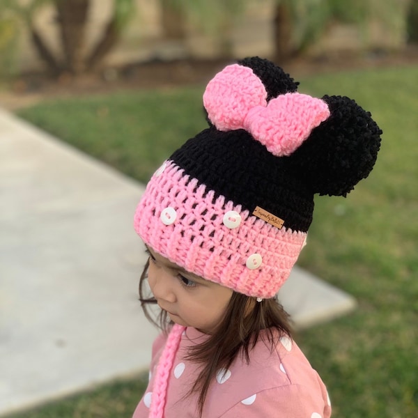 Minnie Mouse crochet hat , crochet hats , inspired Minnie Mouse crochet hat , poms poms ears