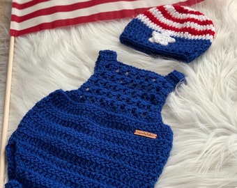 Baby crochet romper outfit and hat handmade Memorial Day patriotic season 4 of July , baby American Flag  baby girl baby boy photo props