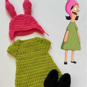 Bob&#39;S Burgers Inpired  costume Crochet Outfit BAby , Louise  belcher, newborn Photography, photo prop, handmade crochet outfit,