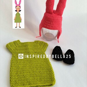 May include: A crochet outfit inspired by the character BoJack Horseman's daughter, Hollyhock. The outfit includes a green dress, a pink bunny hat with long ears, and black crochet shoes.