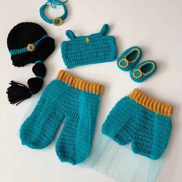 Crochet Disney Princess Jasmine baby crochet outfit , inspired in princess Jasmine aladdin crochet and tulle