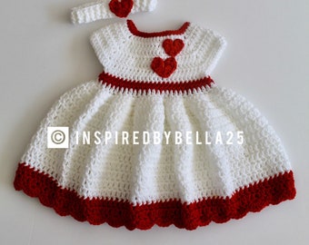 Sweet hearts dress, Valentine day dress outfit, crochet dress coming home dress , white and red dress , handmade dress