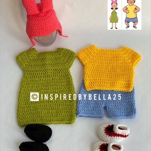 May include: Crocheted baby outfit inspired by the characters from the animated television show Bob's Burgers. The outfit includes a pink bunny hat, a green dress, a yellow shirt, blue shorts, and two pairs of crocheted shoes.