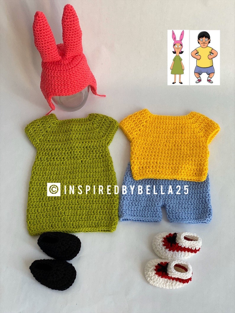 May include: Crocheted baby outfit inspired by the characters from the animated television show Bob's Burgers. The outfit includes a pink bunny hat, a green dress, a yellow shirt, blue shorts, and two pairs of crocheted shoes.