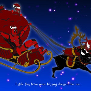 Deadpool in santa's sleigh kerstkaart