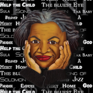 Toni Morrison illustration, with her novels