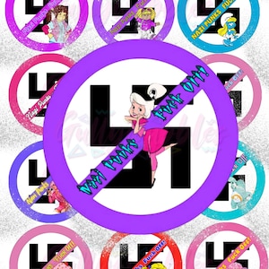 May include: A collage of circular stickers with a black swastika symbol crossed out by a diagonal line. Each sticker features a cartoon character and the text "Nazi Punks Fuck Off!" or "Nazi Punks". The stickers are in various colors.