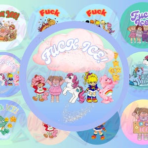 Imágenes de botones de dibujos animados retro de los 80, protesta contra el ICE (descarga digital, 2,25 pulgadas)