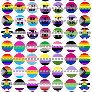 May include: A selection of circular stickers displaying LGBTQ+ pride flags and the text "THEY THEM". The stickers showcase diverse designs and colours, including rainbow stripes, transgender, and non-binary flags, on a white background.