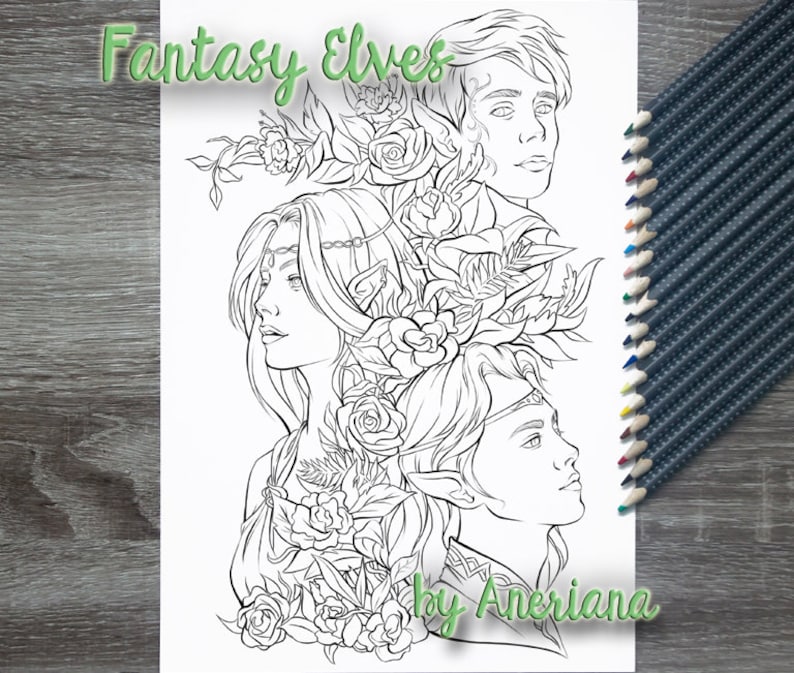 Fantasy Elves - Printable Coloring Page (traditional and Digital ...