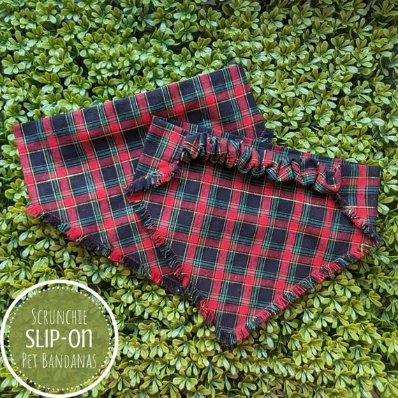Scrunchie Plaid Pet Bandana, Red and Green Fringe Dog Bandana, Gift for New Dog, Dog Mom Gift, Personalized Elastic Dog Scarf