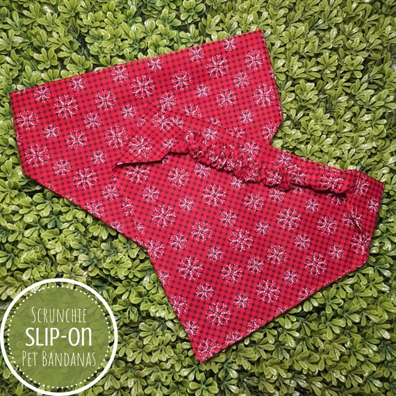 Slip On Holiday Plaid Pet Bandana, Scrunchie Red with Snowflakes Dog Bandana, Gift for New Dog, Dog Mom Gift, Personalized Dog Scarf