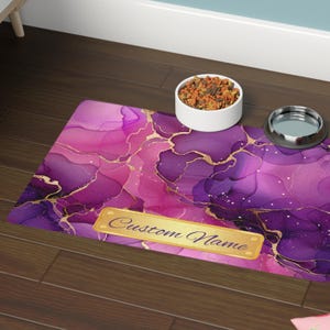Pet Food Mat, Purple & Gold Marble Design, Personalized Pet Feeding Mat, Dog Bowl Mat, Cat Placemat, Non-Slip Pet Mat, Pet Supplies