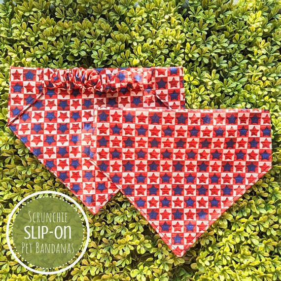 Scrunchie Pet Bandana, Patriotic Stars Dog Bandana, Red, White and Blue Elastic Bandana for Dogs, Gift for Dog Mom, Gift for Dog Dad