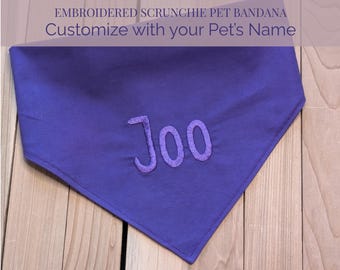 Embroidered Pet Name Scarf, Personalized Canine Accessory, Elastic Scrunchie Neckwear, Custom Dog Gift