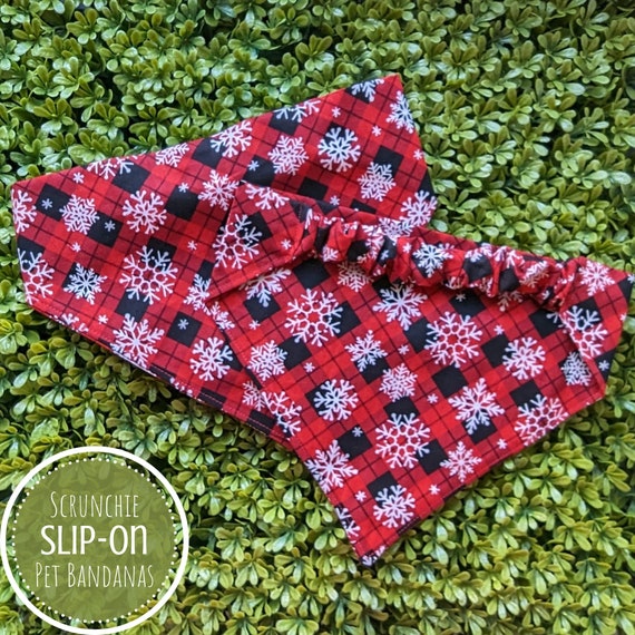 Slip On Snowflake Pet Bandana, Scrunchie Red Buffalo Plaid Dog Bandana, Gift for New Dog, Dog Mom Gift, Personalized Scarf, Christmas Gift