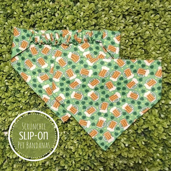 Scrunchie Dog Bandana, St. Patrick's Day Pet Bandana, Beer Mug, Shamrock Scarf, Dog Mom Dog Dad Gift, Personalized New Dog Gift, Cat Bandana
