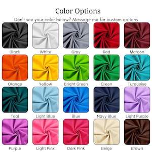 May include: A grid of twenty fabric swatches in various colors including black, white, gray, red, maroon, orange, yellow, bright green, green, turquoise, teal, light blue, blue, navy blue, light purple, purple, light pink, dark pink, beige, and brown.