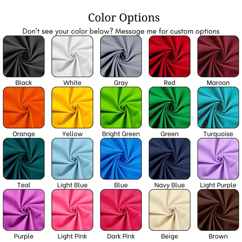 May include: A grid of twenty fabric swatches in various colors including black, white, gray, red, maroon, orange, yellow, bright green, green, turquoise, teal, light blue, blue, navy blue, light purple, purple, light pink, dark pink, beige, and brown.