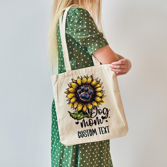 Cute Dog Mom Tote Bag, Reusable Canvas Bag with Paw Print & Sunflower Design, Pet Lover Gift, Eco-Friendly Grocery Bag for Dog Moms