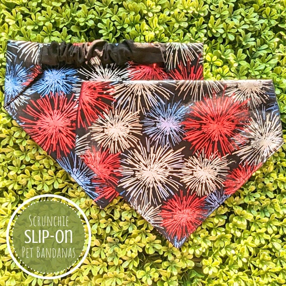 Scrunchie Pet Bandana, Patriotic Fireworks Dog Bandana, Red, White and Blue Elastic Bandana for Dogs, Gift for Dog Mom, Gift for Dog Dad
