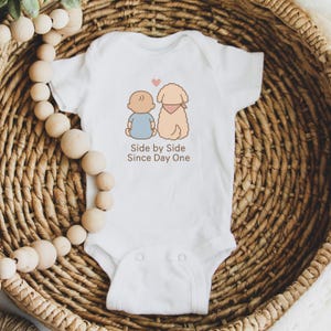 Baby Bodysuit, Side by Side Since Day One, Newborn to 18M, Matching Baby and Pet Outfit, Gift for Dog Lovers, Baby Bodysuit Dog Bandana Set