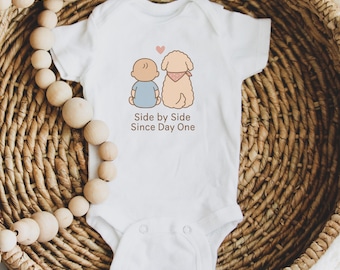 Baby Bodysuit, Side by Side Since Day One, Newborn to 18M, Matching Baby and Pet Outfit, Gift for Dog Lovers, Baby Bodysuit Dog Bandana Set