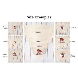 May include: A collection of off-white triangular pet bandanas in various sizes labeled Extra Small, Small, Small-Medium, Medium, Large, and Extra Large. Each bandana features a circular graphic of a dog with the text The Dog Lodge.