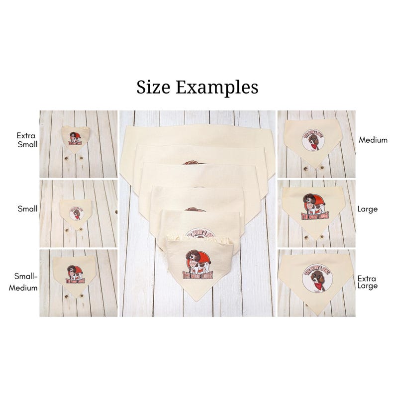 May include: A collection of off-white triangular pet bandanas in various sizes labeled Extra Small, Small, Small-Medium, Medium, Large, and Extra Large. Each bandana features a circular graphic of a dog with the text The Dog Lodge.