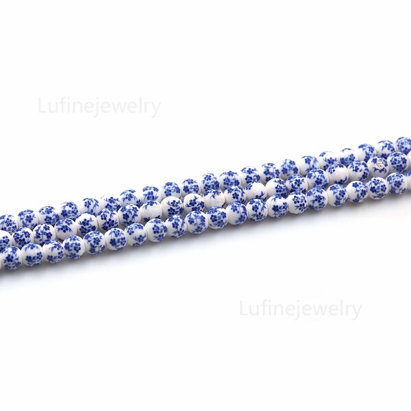 60 Stück Runde Blau Weiß Lose Keramik Porzellan Blumenperlen für DIY Bastelstücke Schmuckherstellung (6mm 8mm 10mm 12mm)