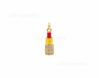 18K Gold Filled Cute Enamel Lipstick Charm Pendant,CZ Micro Pave Lipstick Necklace Bracelet,DIY Jewelry Making Supply 17.5x5x2.5mm