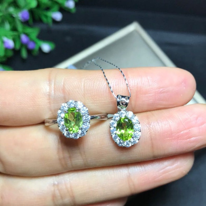 gift for her 100/% Natural Peridot jewelry sets 5*7mm engagement ring promise ring necklace wedding ring anniversary ring