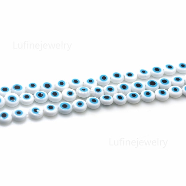 Perles plates Evil Eye, perles blanches pour les mauvais yeux, perles Lucky Eye, perles rondes Lucky Eye, perles 6mm 8mm 10mm 12mm pour la fabrication de bijoux