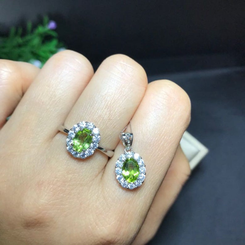 gift for her 100/% Natural Peridot jewelry sets 5*7mm engagement ring promise ring necklace wedding ring anniversary ring