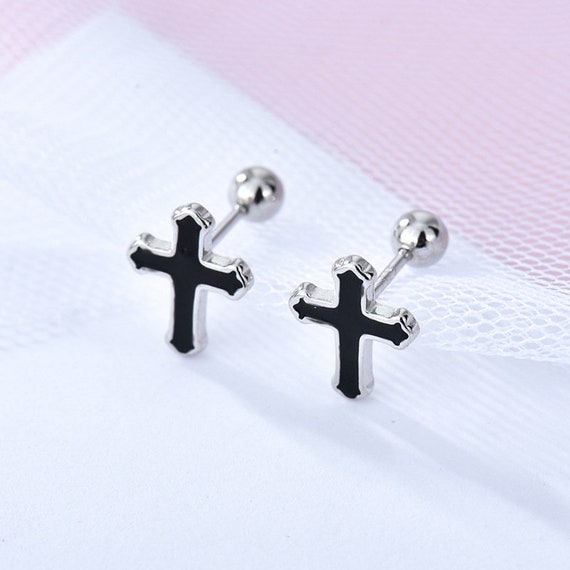 925 sterling silver stud earrings black cross stud earrings Etsy