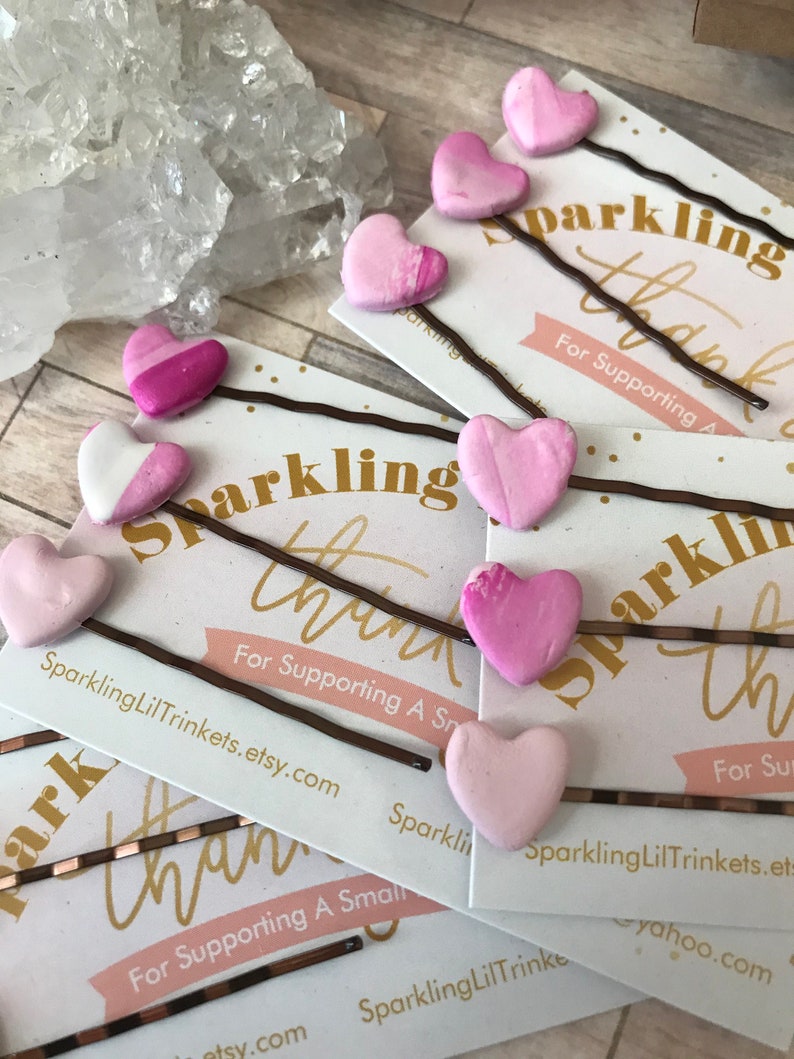 Valentines Day heat Bobby pins polymer clay pink and white Etsy