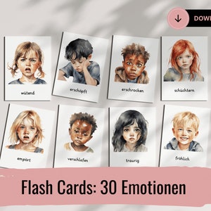 Tarjetas didácticas 30 emociones diferentes - perfectas para niños de primaria - tarjetas para descarga directa - material de aprendizaje | Tarjetas didácticas | Tarjeta de emoción