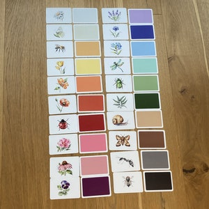 Matching game - recognizing and assigning colors and garden inhabitants - Montessori toys for toddlers - card game of colors, flowers and animals
