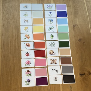 Matching game - recognizing and assigning colors and garden inhabitants - Montessori toys for toddlers - card game of colors, flowers and animals