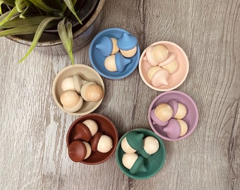 Montessori acorn sorting and stacking set of 6, stacking bowls, dusty colors, stocking stuffer, Christmas gift, Montessori toy