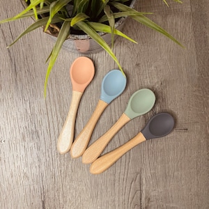 May include: Four silicone-tipped baby spoons with wooden handles. The spoons are in shades of blue, green, brown, and peach.