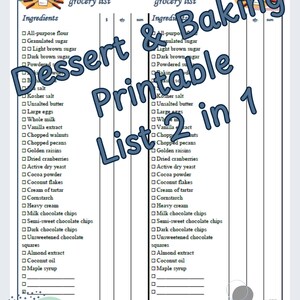 Dessert and Baking Ingredients Printable 2 in 1 Shopping Grocery List with Prices PDF