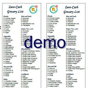 Printable No Carbs Zero Carbohydrates Grocery Shopping Foods List Instant Download Pdf 2 in 1