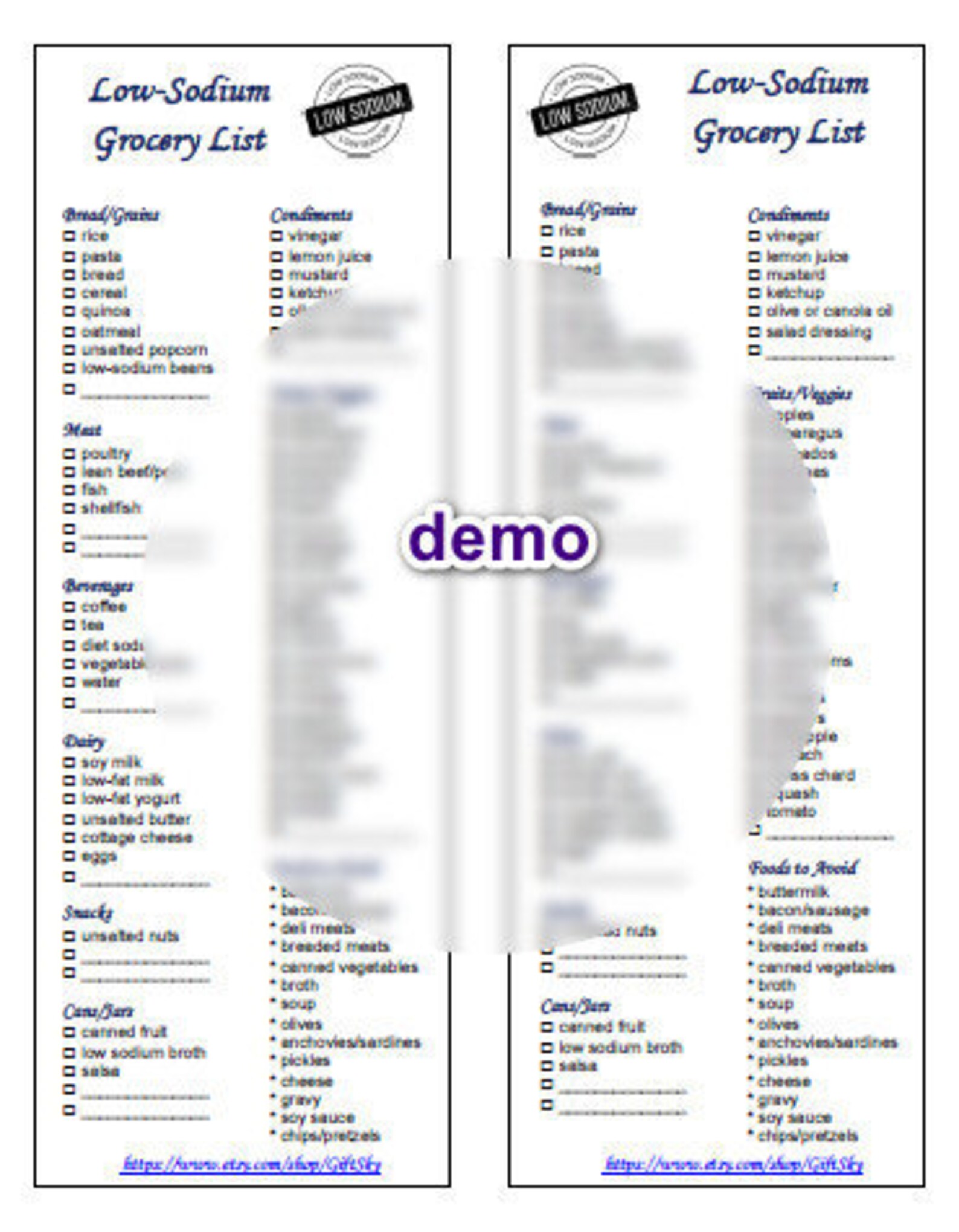low sodium grocery shopping food list printable instant etsy