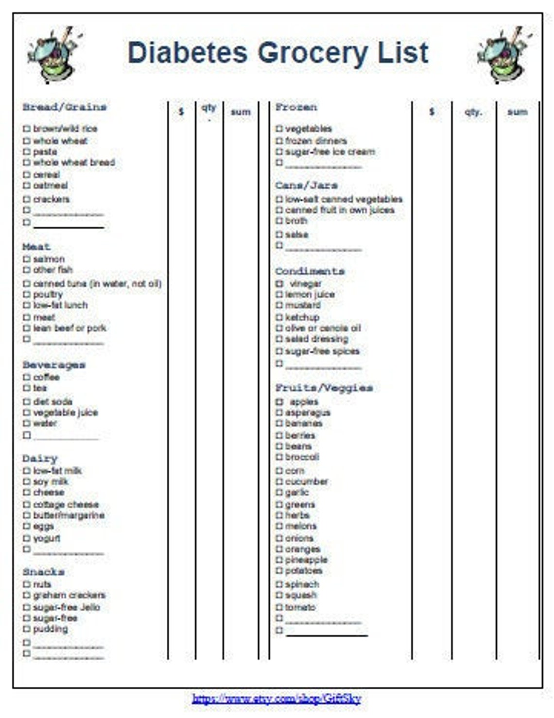 Printable Diabetic Grocery List