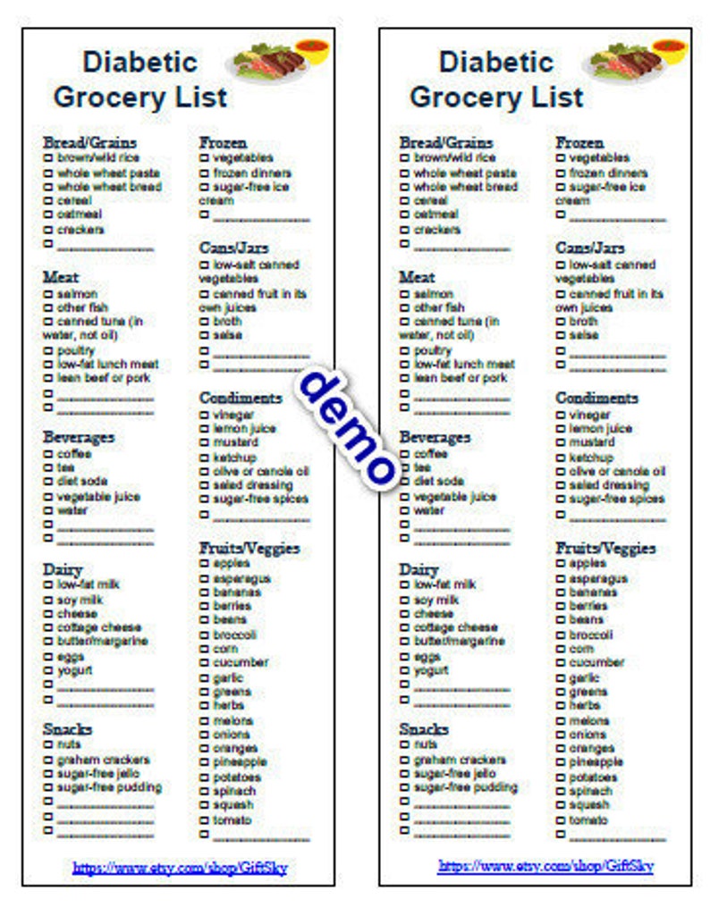Editable Diabetic Foods Grocery List Shopping Printable