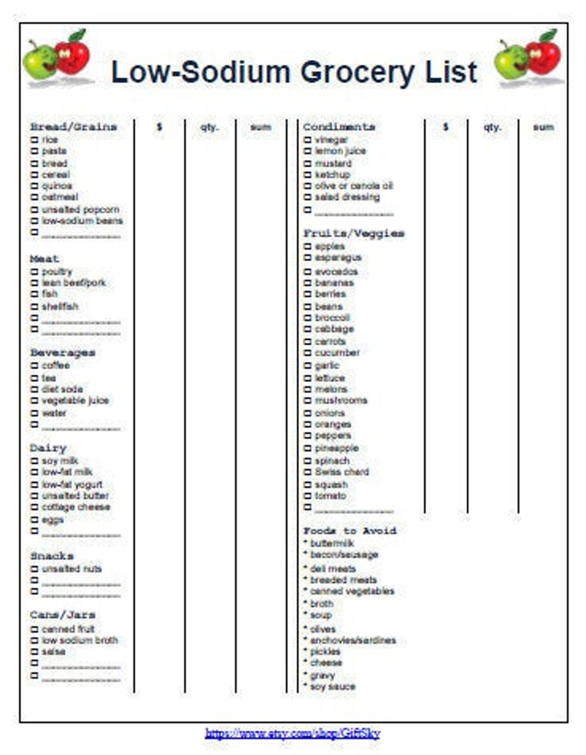 Low Sodium Grocery Foods List With Prices Printable PDF Etsy