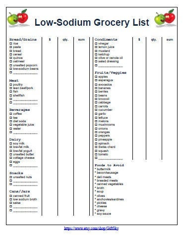 Printable Grocery List Low Sodium Foods